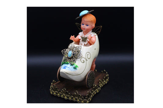 Cute Antique Doll Riding in a Wooden Shoe!  Vintage Altered Doll Tabletop Decoration!