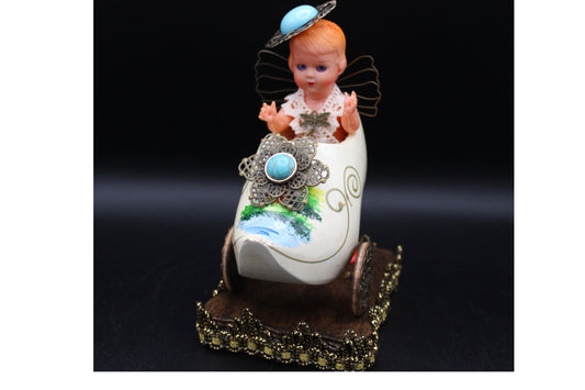 Cute Antique Doll Riding in a Wooden Shoe!  Vintage Altered Doll Tabletop Decoration!