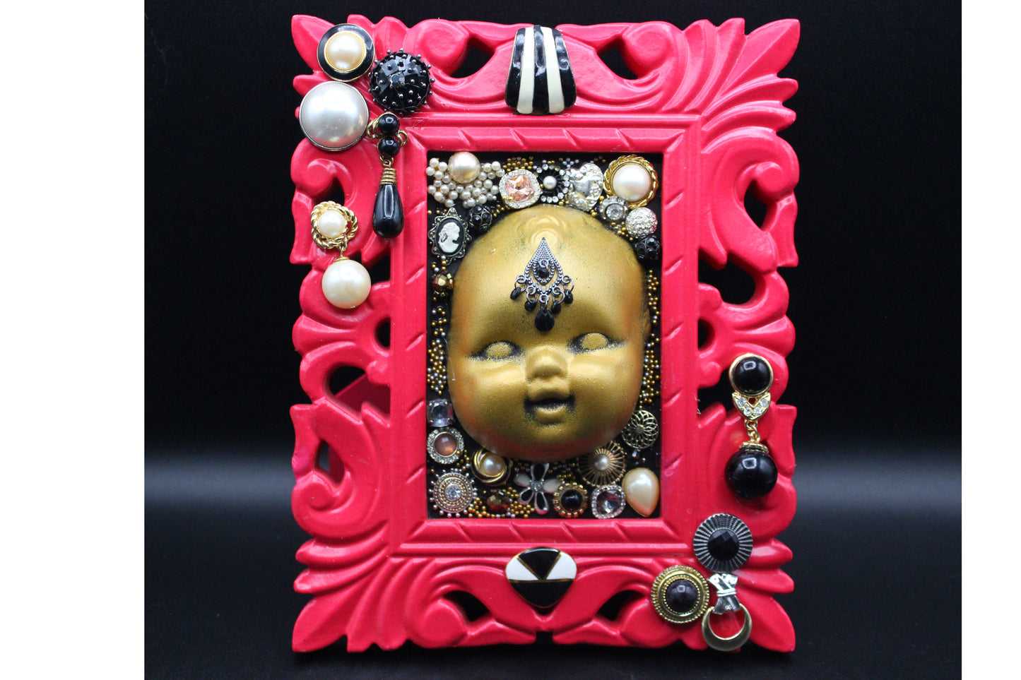 Super Cute Mixed Media Pink Baby Face Frame! Assemblage Art Doll Head Wall Hanging!