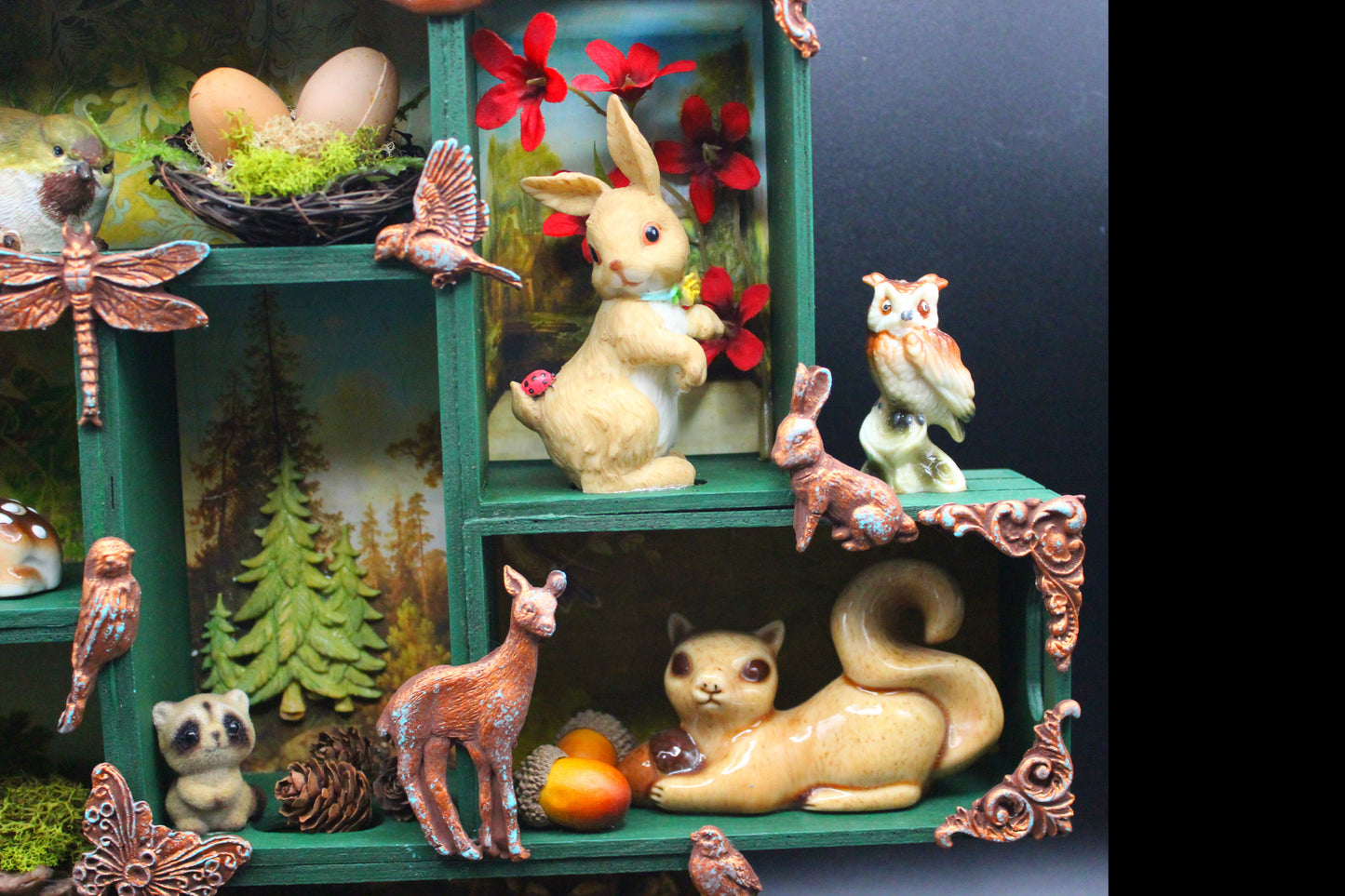 Very Nice Large Forest Themed Shadow Box! Squirrel, Raccoon, Deer, Bunny Wall Decor!