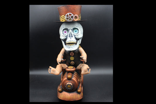 Creepy Cute Steampunk Skull Baby Riding a Train!  Altered Art Doll!