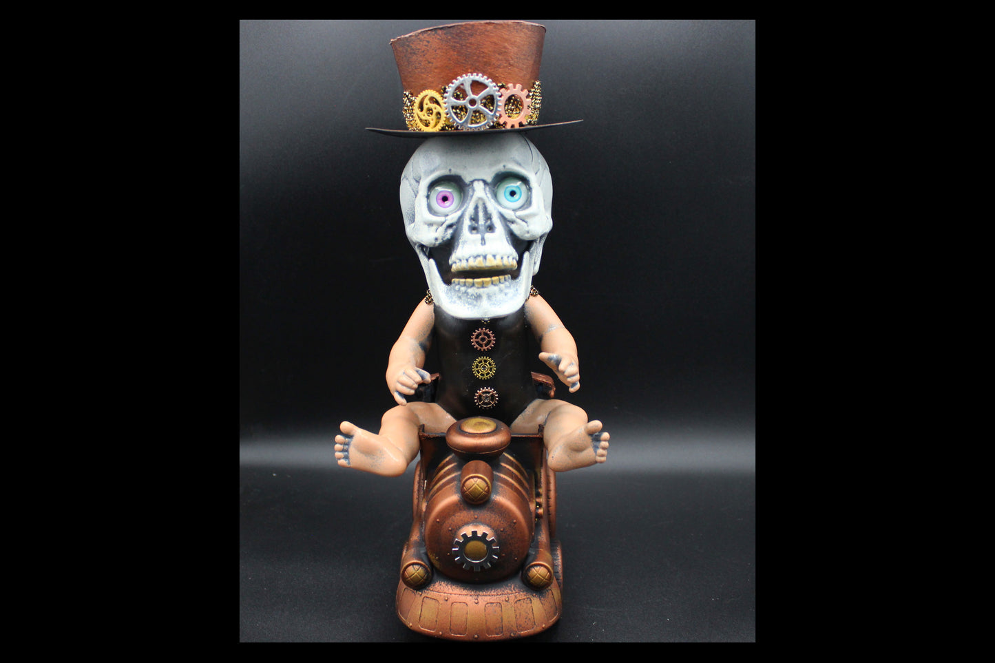 Creepy Cute Steampunk Skull Baby Riding a Train!  Altered Art Doll!