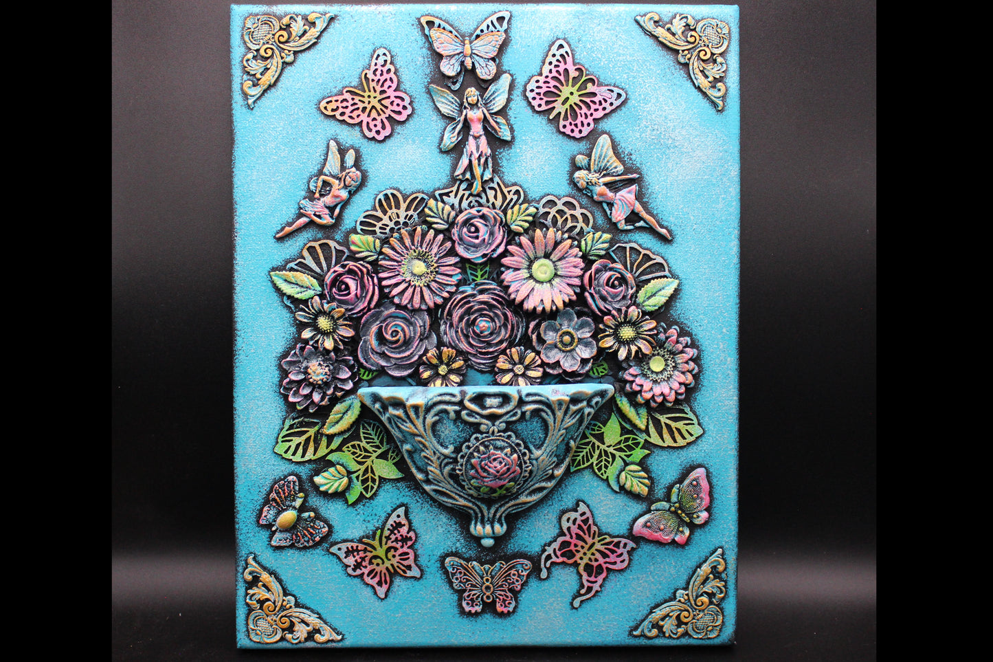 Beautiful Flower Vase, Fairy, Butterfly Mixed Media, Assemblage Wall Art!