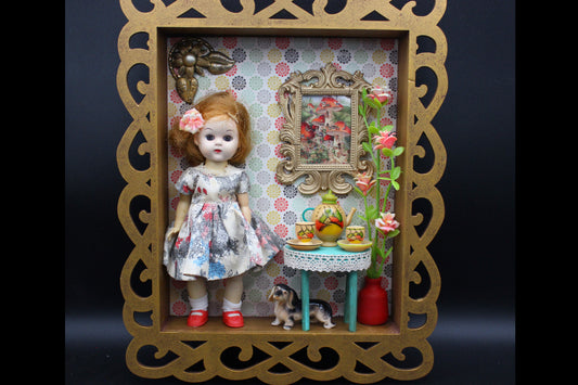 Antique Jenny Doll Shadow Box!  Mixed Media Miniature Tea Set Diorama!