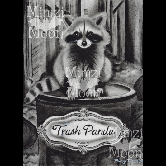 "Trash Panda" Cute Raccoon on a Garbage Can. Original Art by Mimzi Moon