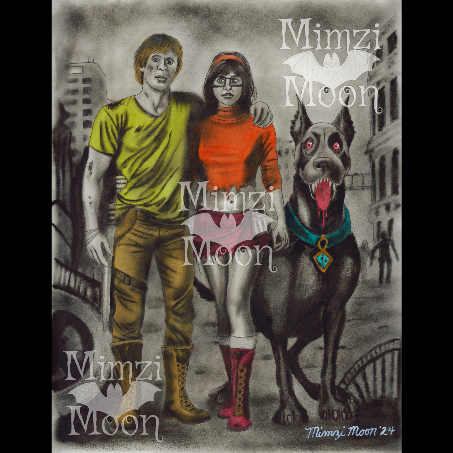 Zombie Apocalypse Scooby Doo. Original Art Print by Mimzi Moon