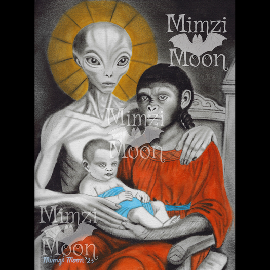 Mimzi Moon Ancient Alien Theory Origin of Man Original Art by Mimzi Moon