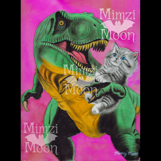 Dinosaur Loves Kitty, Original Art Print by Mimzi Moon