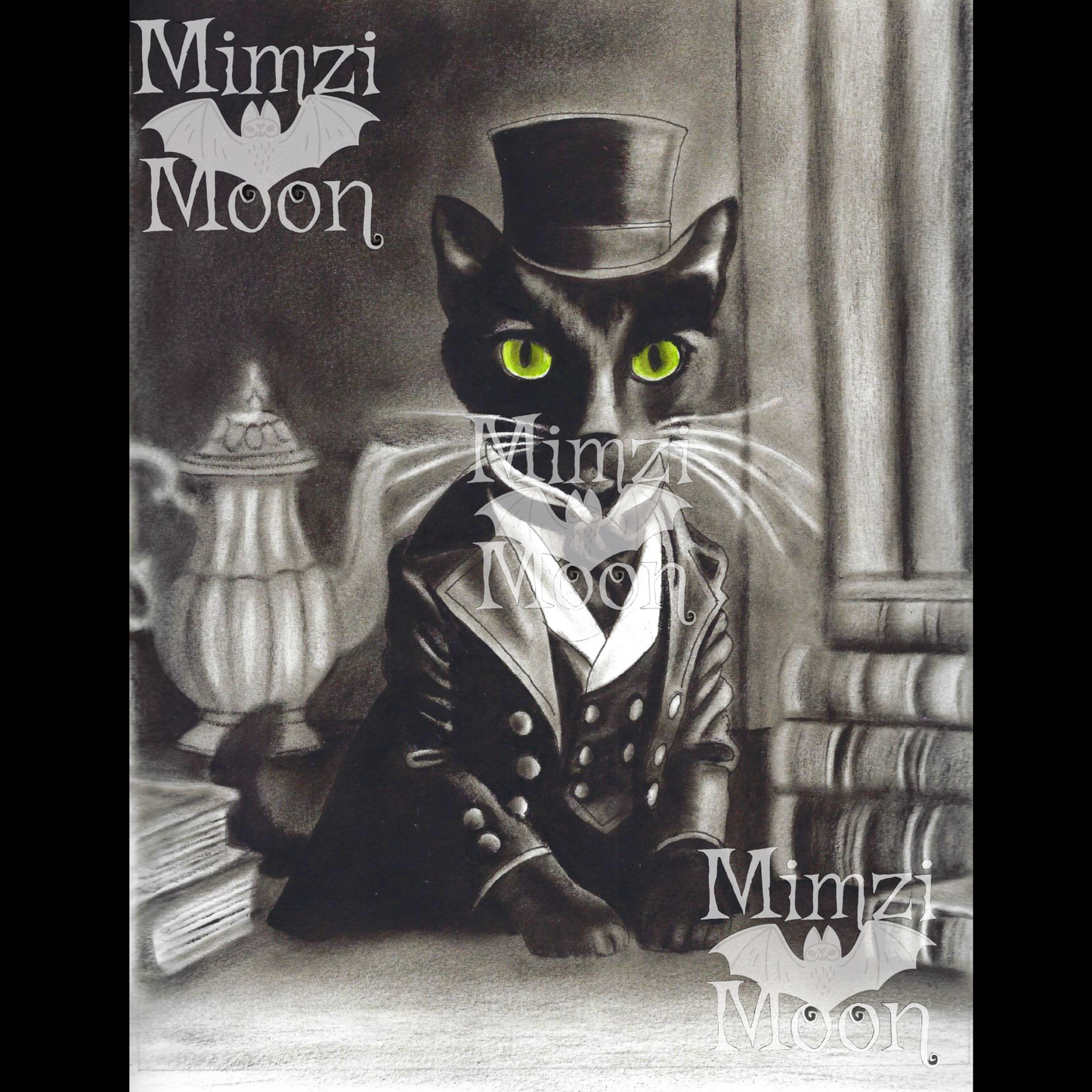 Black Cat Dressed as Edgar Allan Poe, Original Art Print by Mimzi Moon