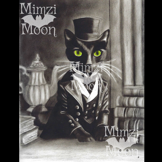 Black Cat Dressed as Edgar Allan Poe, Original Art Print by Mimzi Moon