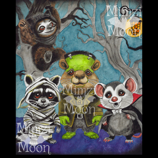 Adorable Animals in Monster Costumes, Original Art Print by Mimzi Moon