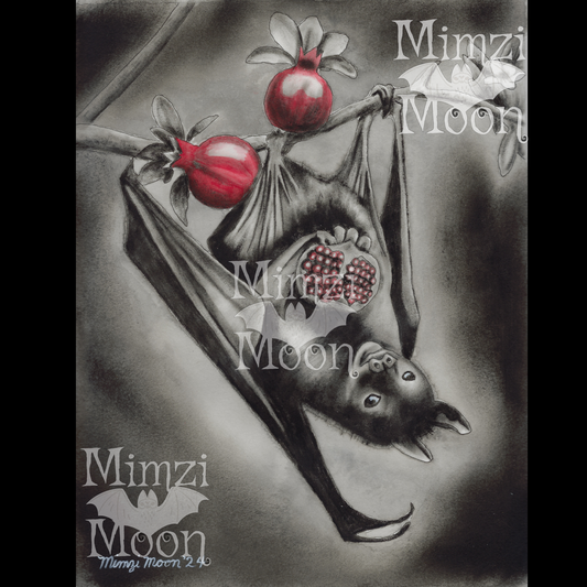 Pomegranate Fruit Bat Original Art Print by Mimzi Moon