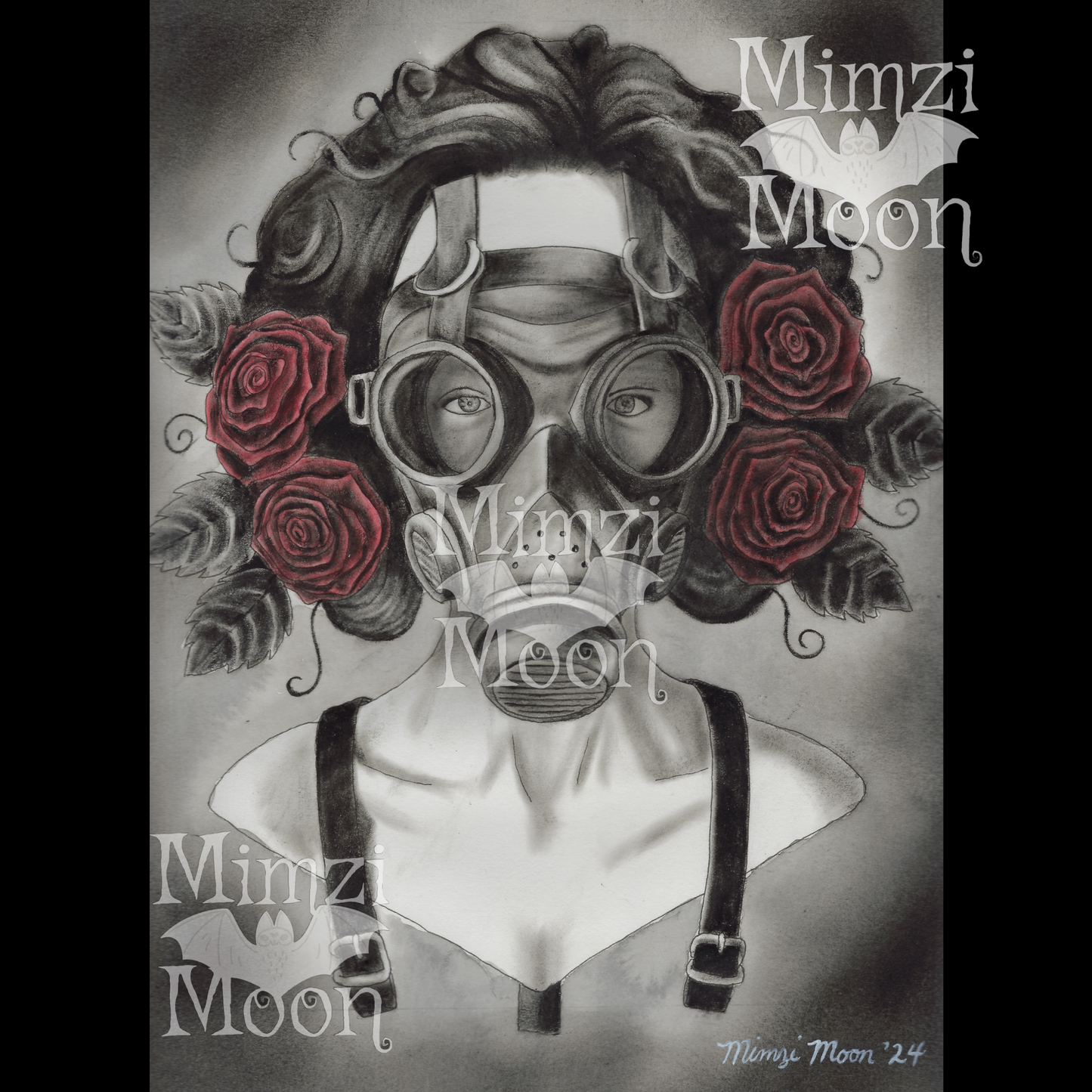Beautiful Girl in a Gasmask Original Art Print by Mimzi Moon