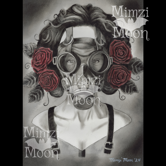 Beautiful Girl in a Gasmask Original Art Print by Mimzi Moon